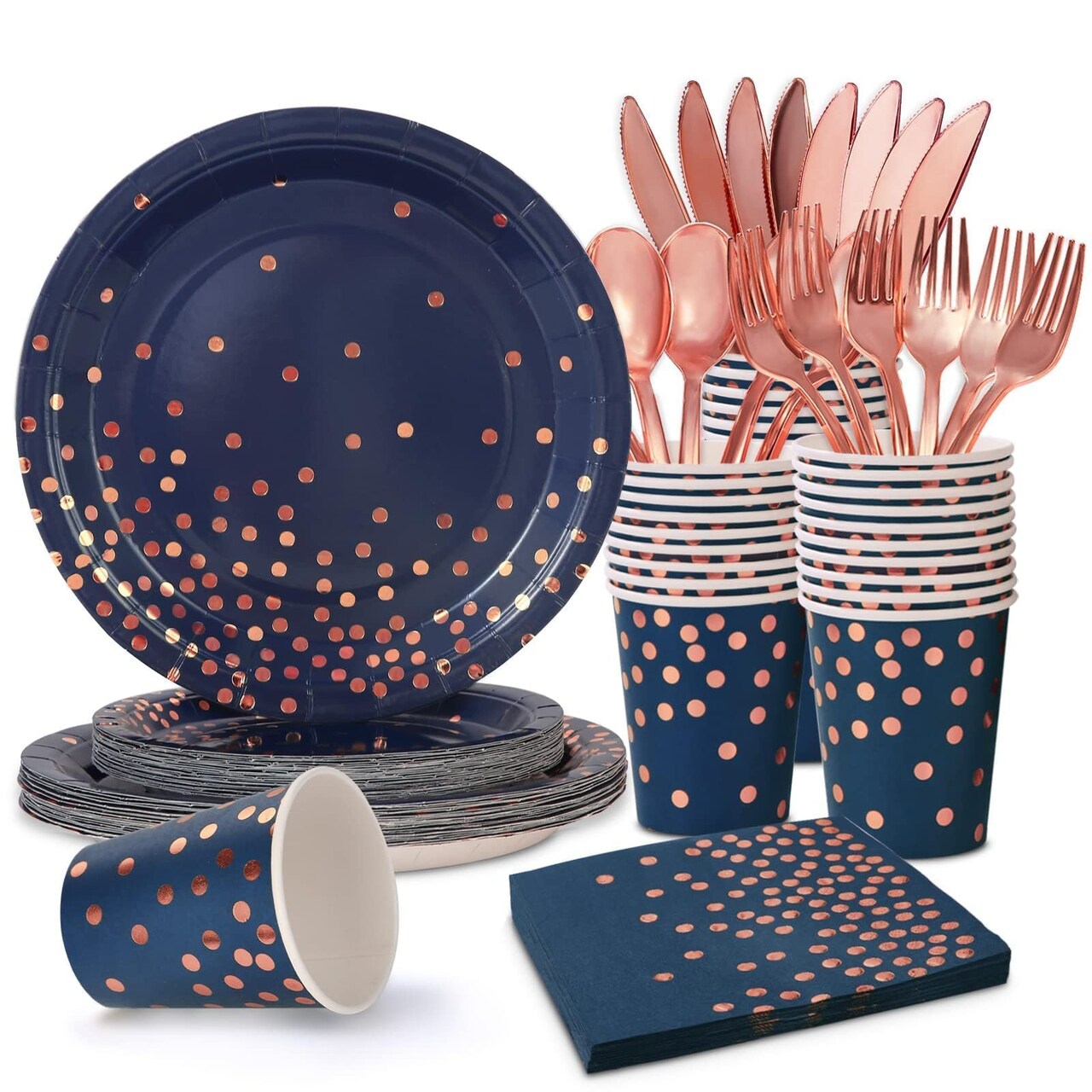 Rose Gold Party Decorations Serve 25, Blue Party Plates and Napkins Sets 175Pcs, Pink and Blue Birthday Plates, Navy Blue Plates for Wedding Briade Party Supplies